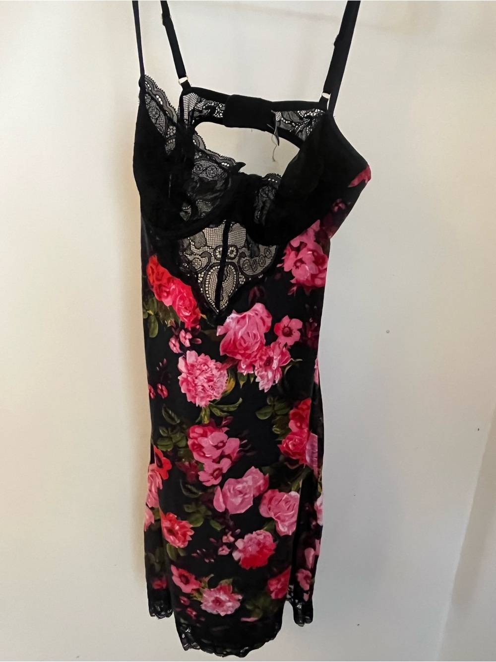 Victoria's Secret Black Floral Mini Slip Dress Vibrant Rose Print Lace Trimming